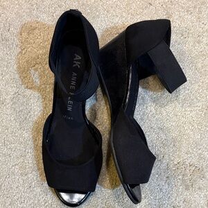 Anne Klein Flex Black Fabric Open-Toe Wedge Shoes Elastic Ankle Strap-Size 7.5